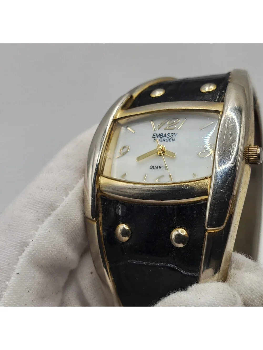 Embassy By Gruen Black Cuff Band Womens Watch White Dial 33mm New Battery